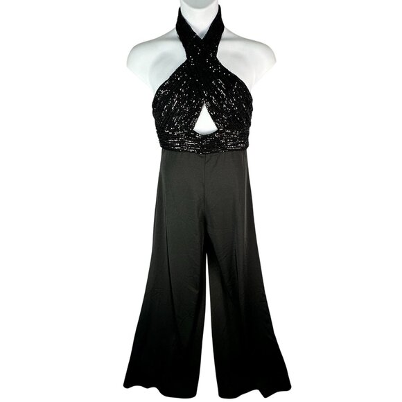 Mac Duggal Sequin Bodice Halter Wide Leg Formal Jumpsuit Open Back Size 6 NWT - Picture 4 of 13